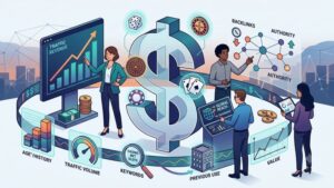 Иллюстрация о стоимости выкупа истекших доменов казино с графиками и символами цифровых активов
